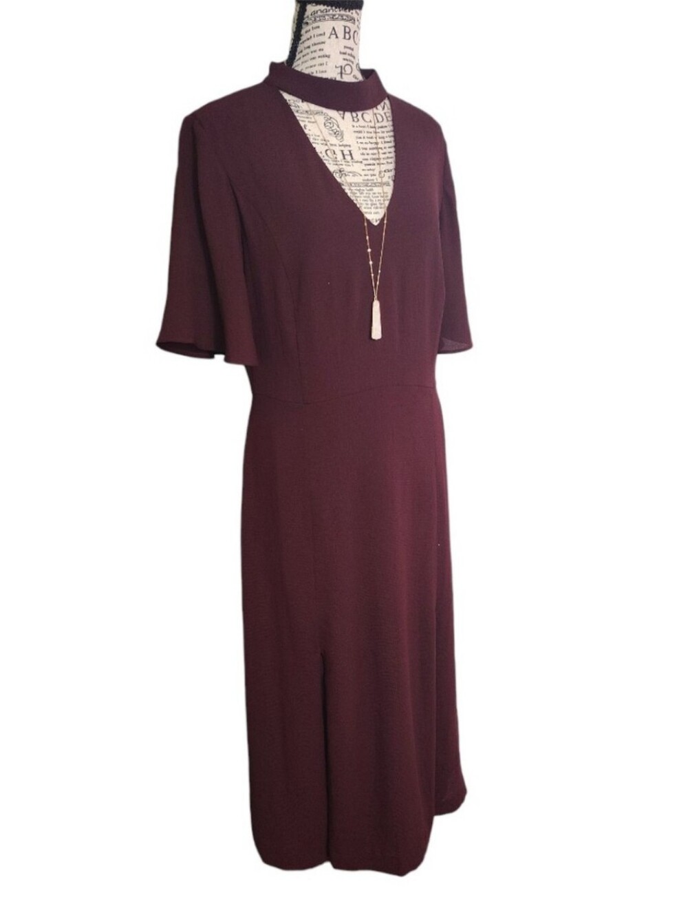 Ann Taylor Burgundy Choker Neck Flutter Sleeve Midi Dress SZ 8 - Picture 5 of 10